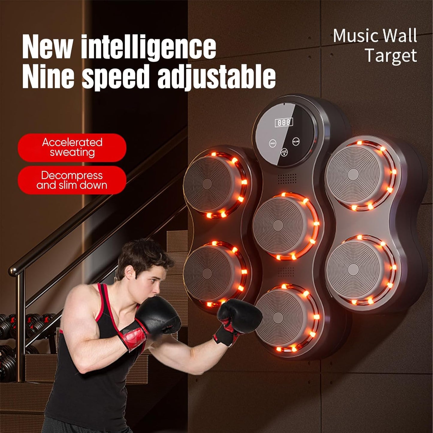 Máquina de Boxeo Musical Profesional: Entrenador de Pared Inteligente con Bluetooth | 9 Velocidades y Modos, Pantalla LED | Incluye Guantes Pro – Mejora tu Agilidad y Fuerza
