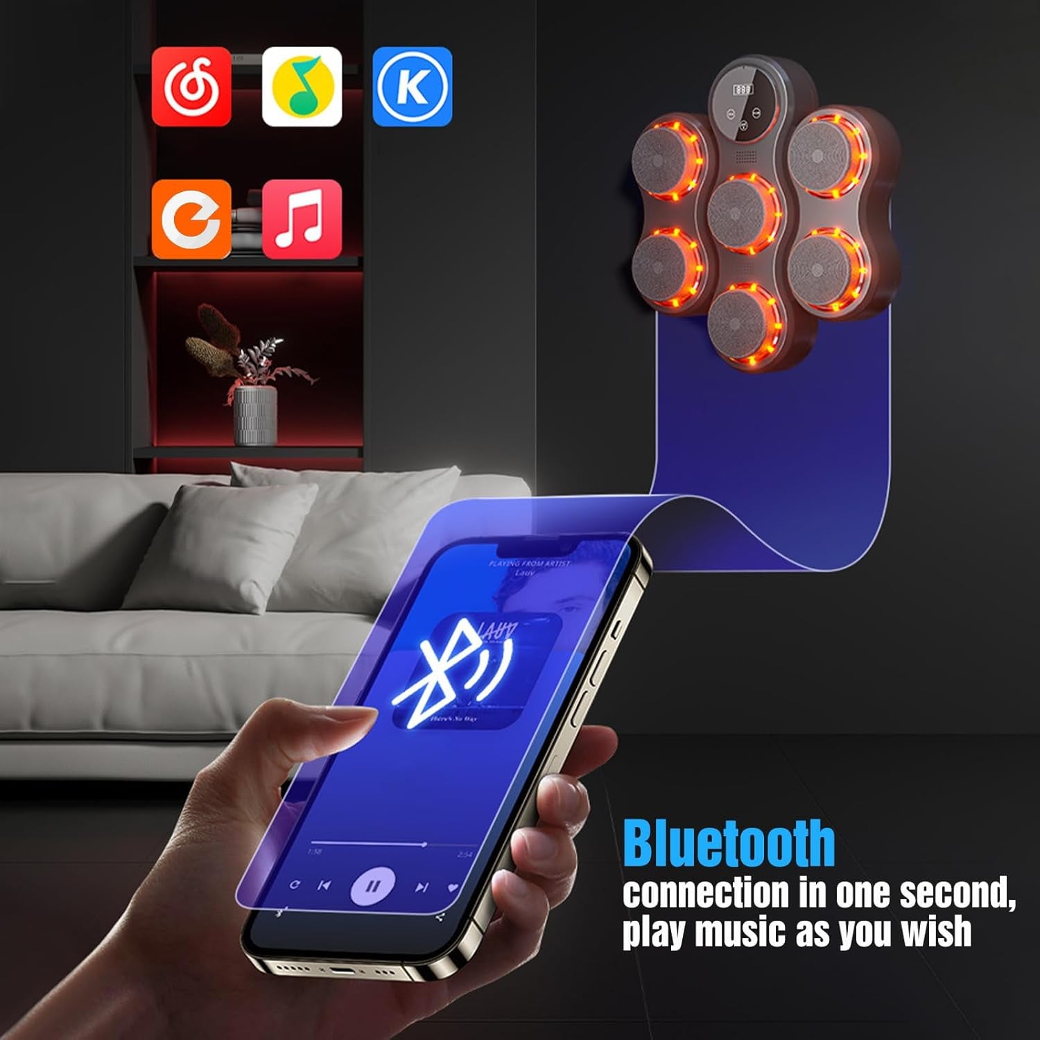 Máquina de Boxeo Musical Profesional: Entrenador de Pared Inteligente con Bluetooth | 9 Velocidades y Modos, Pantalla LED | Incluye Guantes Pro – Mejora tu Agilidad y Fuerza