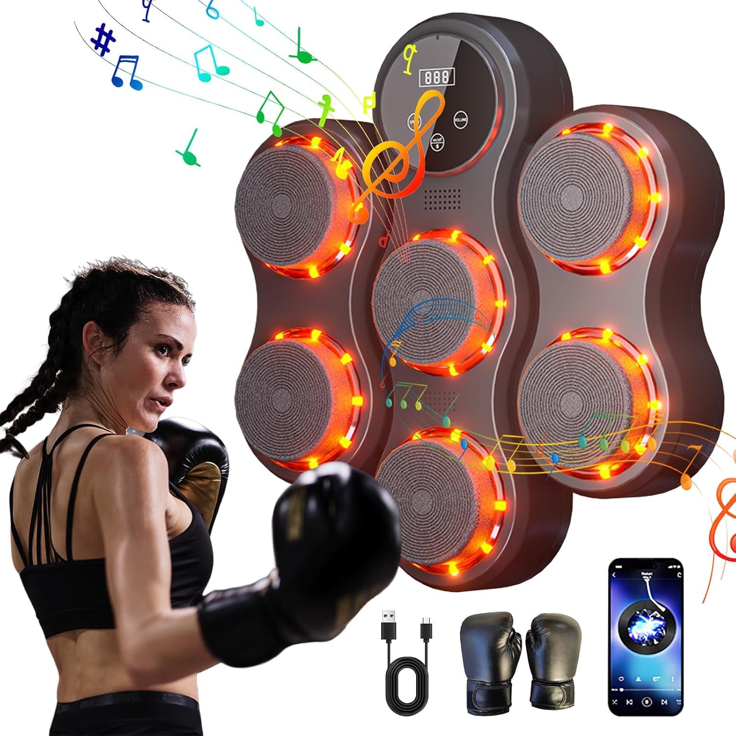 Máquina de Boxeo Musical Profesional: Entrenador de Pared Inteligente con Bluetooth | 9 Velocidades y Modos, Pantalla LED | Incluye Guantes Pro – Mejora tu Agilidad y Fuerza