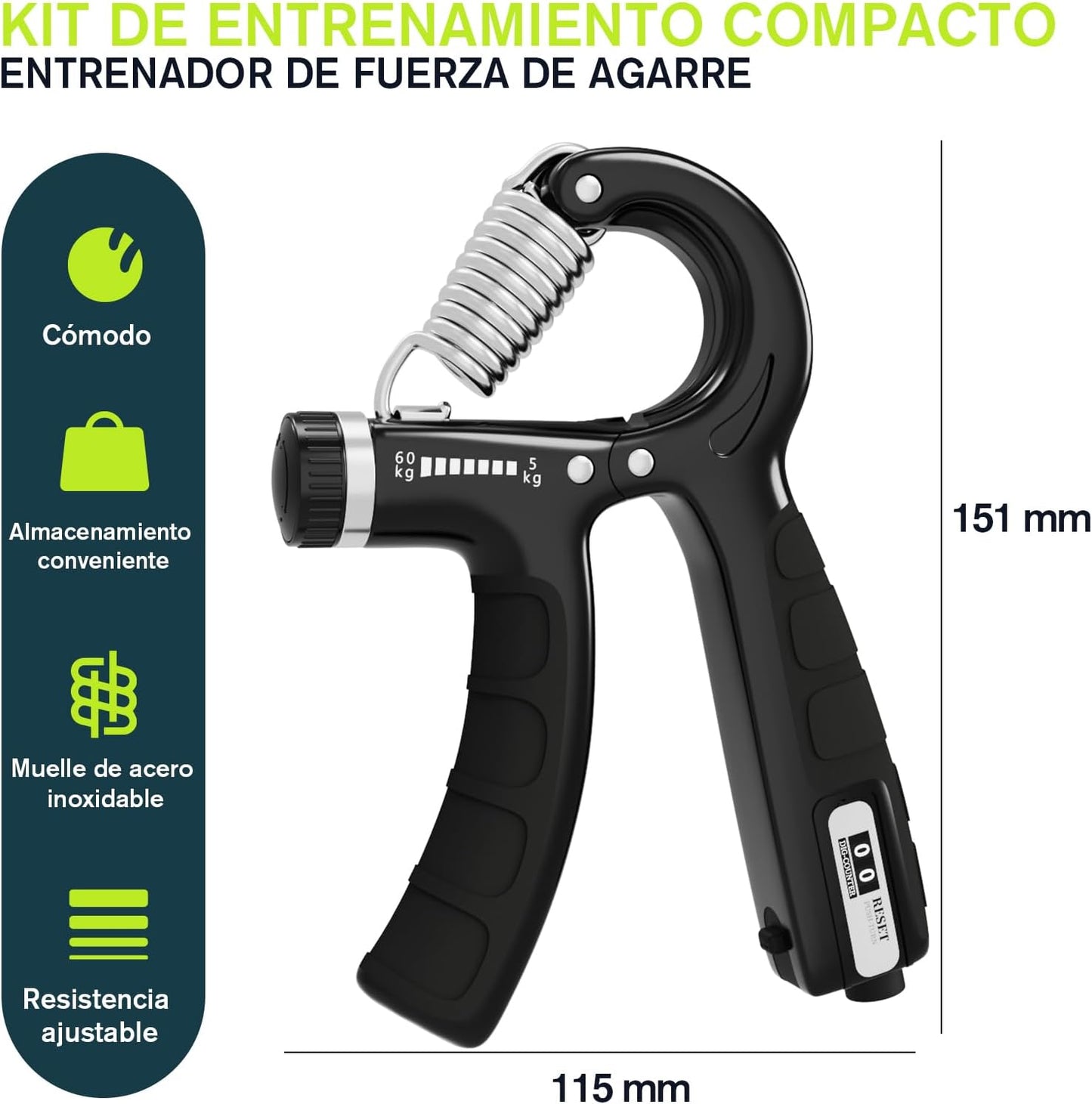 Fortalecedor de Agarre Ajustable U-VKK (5-60 kg) – Ejercitador de Mano, Antebrazos y Muñeca con Resistencia Variable, Ideal para Rehabilitación y Fitness